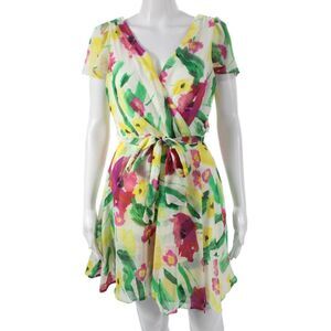 DKNY Womens Wrap Dress Multicolor Floral V-Neck Tie Short Sleeve Size 10